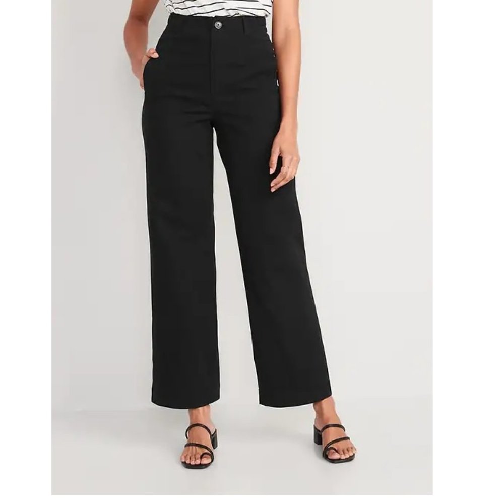 High-Waisted Black Canvas Wide-Leg Workwear Pants - Size 10 Tall & 14 Tall